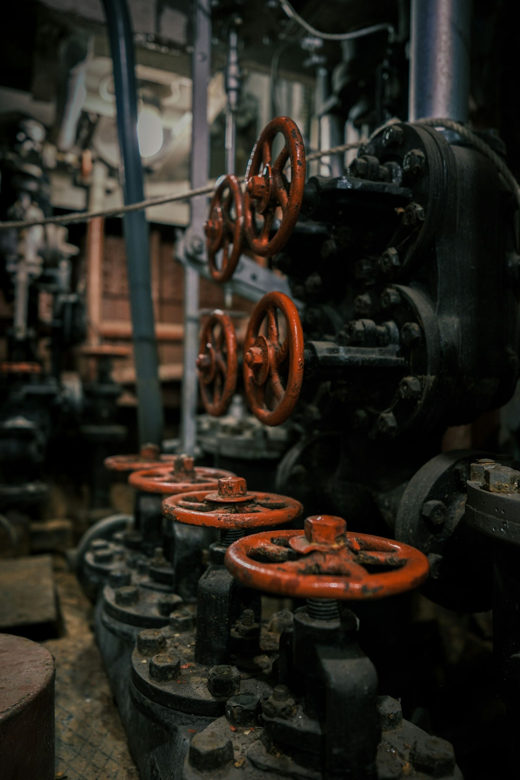 Bank of industrial valves with handwheels